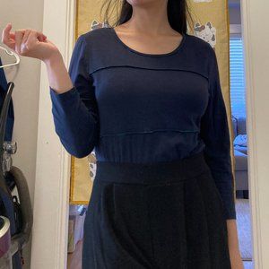 Preloved XS LOFT Navy Blue Textured Striped Round Neck Long Sleeve Blouse